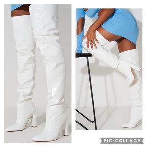 NWOB- WHITE THIGH HIGH POINT BLOCK HEEL BOOTS-  Size 6